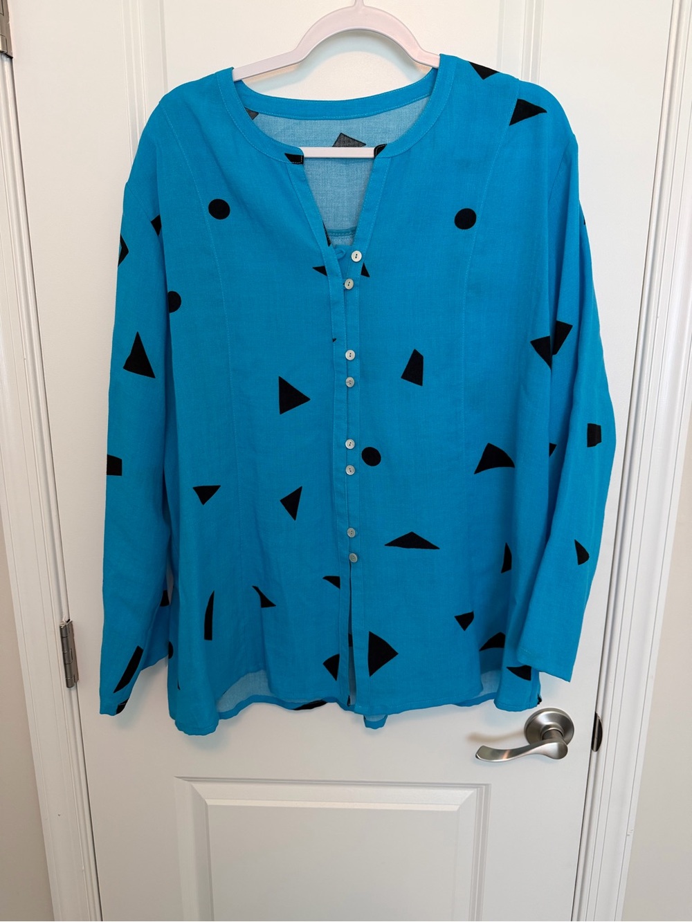 Fridaze Women's Teal Blue Button-Front Blouse with Black Geometric Print